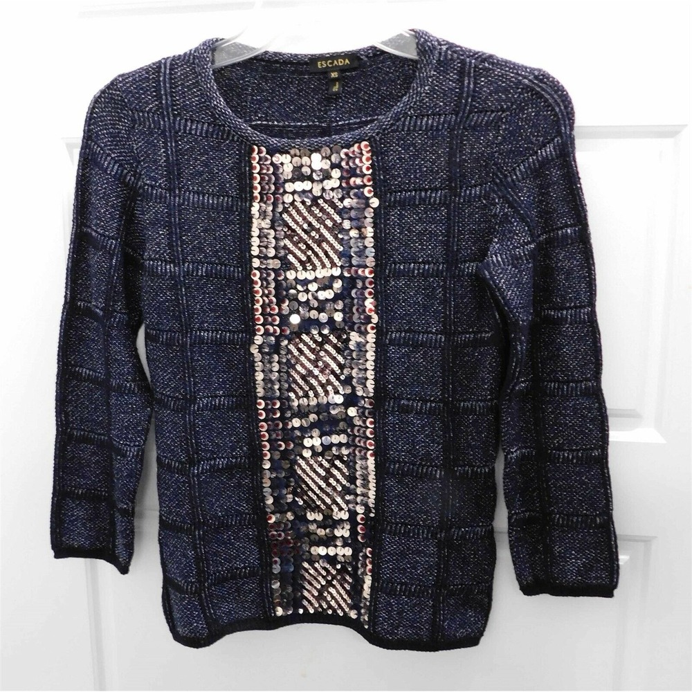 Escada Italy Gray White Knit Sequin Long Sleeve Sweater sz XS
